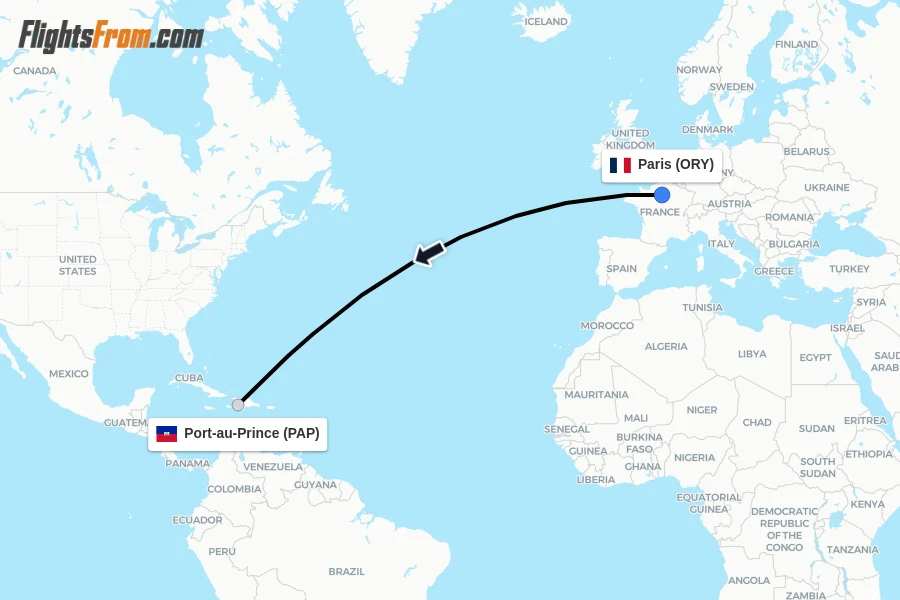 Flights from Paris to Port-au-Prince route map