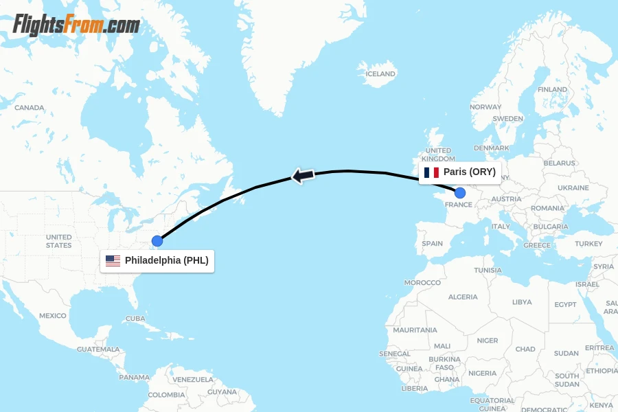 Flights from Paris to Philadelphia route map