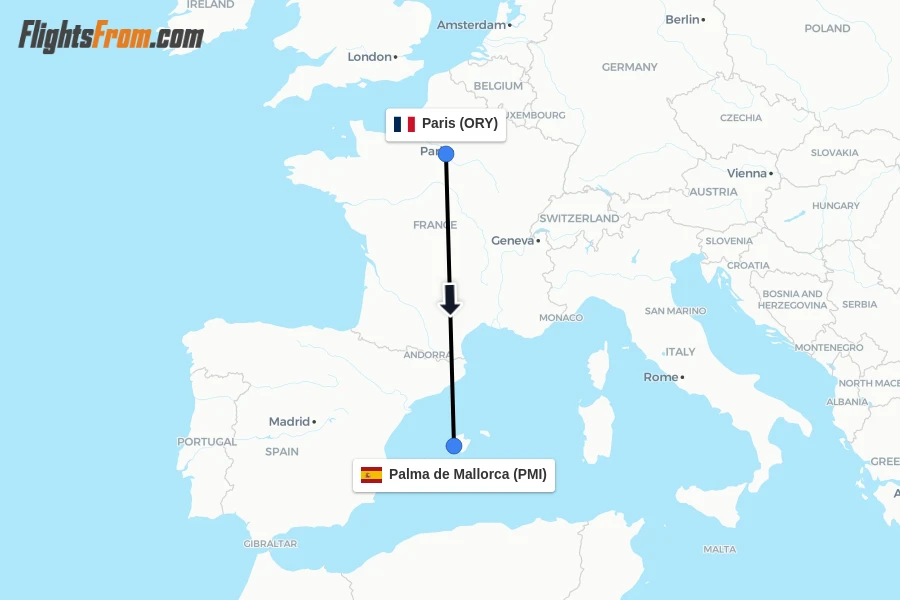 Flights from Paris to Palma de Mallorca route map