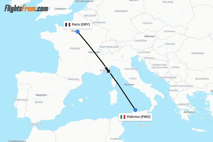 Flights from Paris to Palermo route map