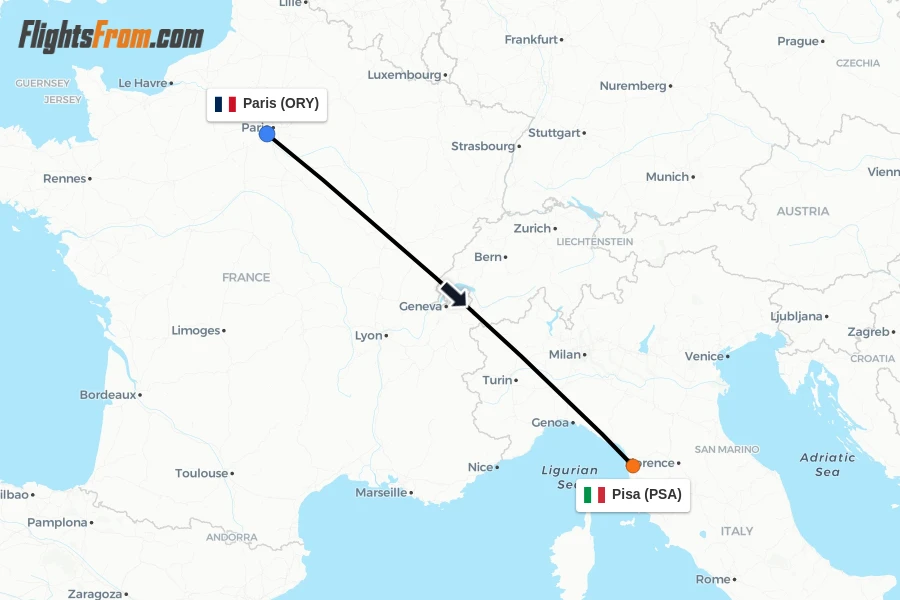 Flights from Paris to Pisa route map