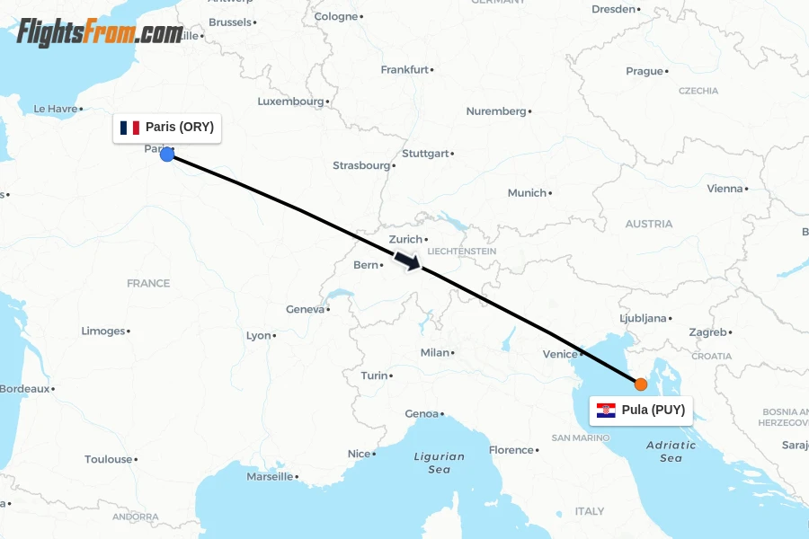 Flights from Paris to Pula route map