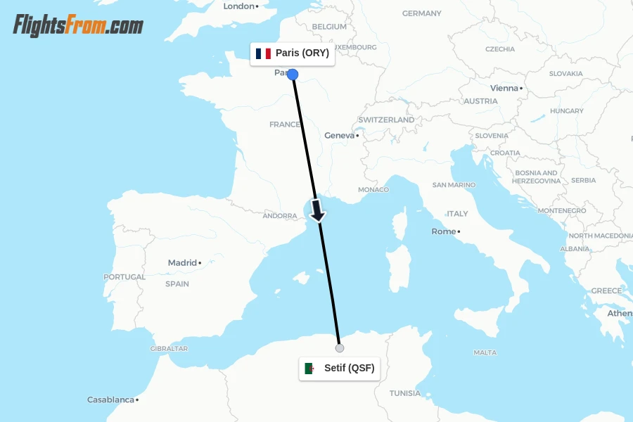 Flights from Paris to Setif route map