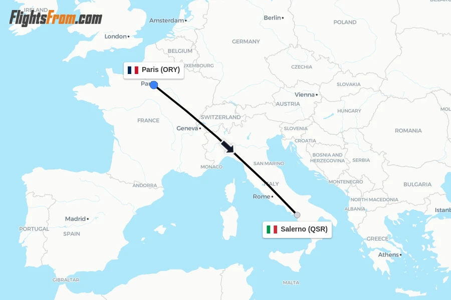 Flights from Paris to Salerno route map