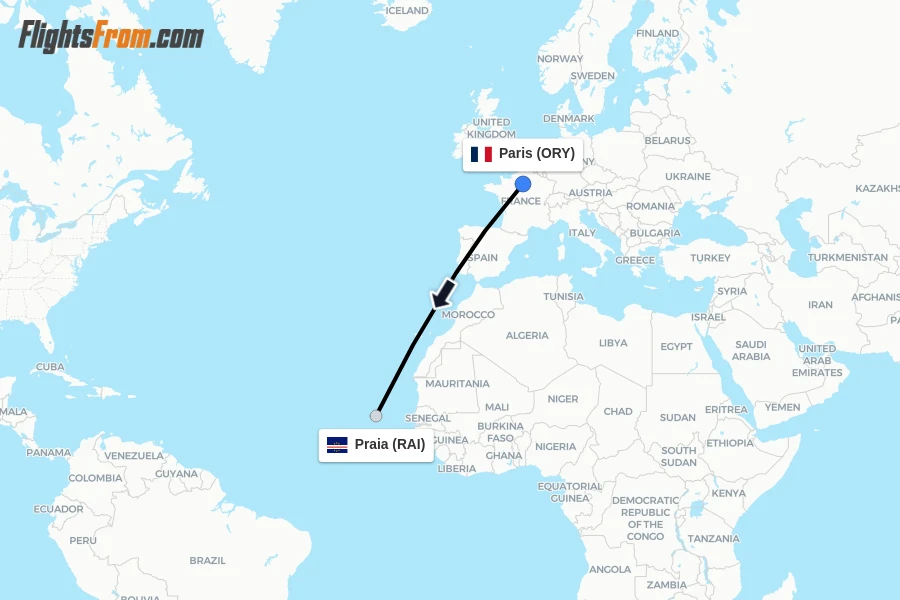 Flights from Paris to Praia route map