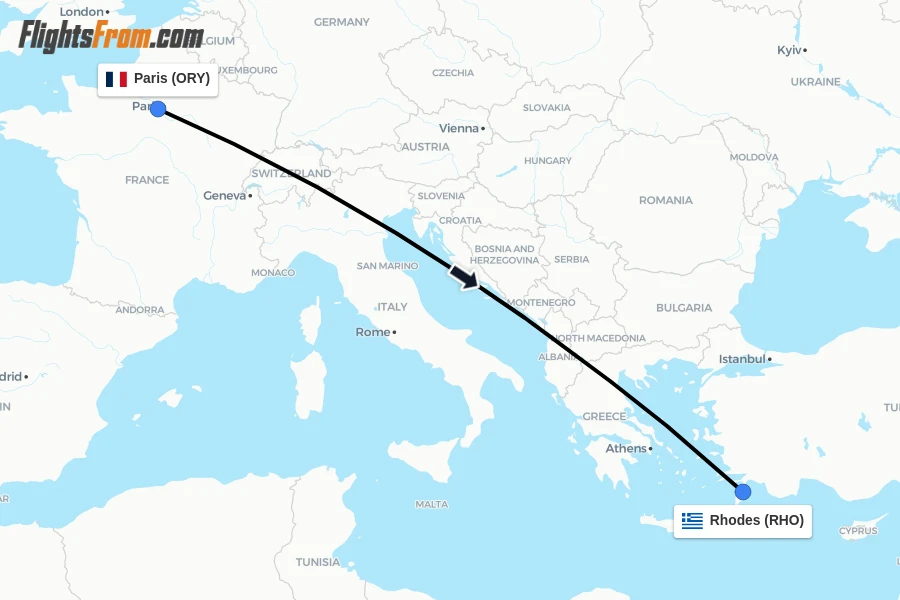 Flights from Paris to Rhodes route map