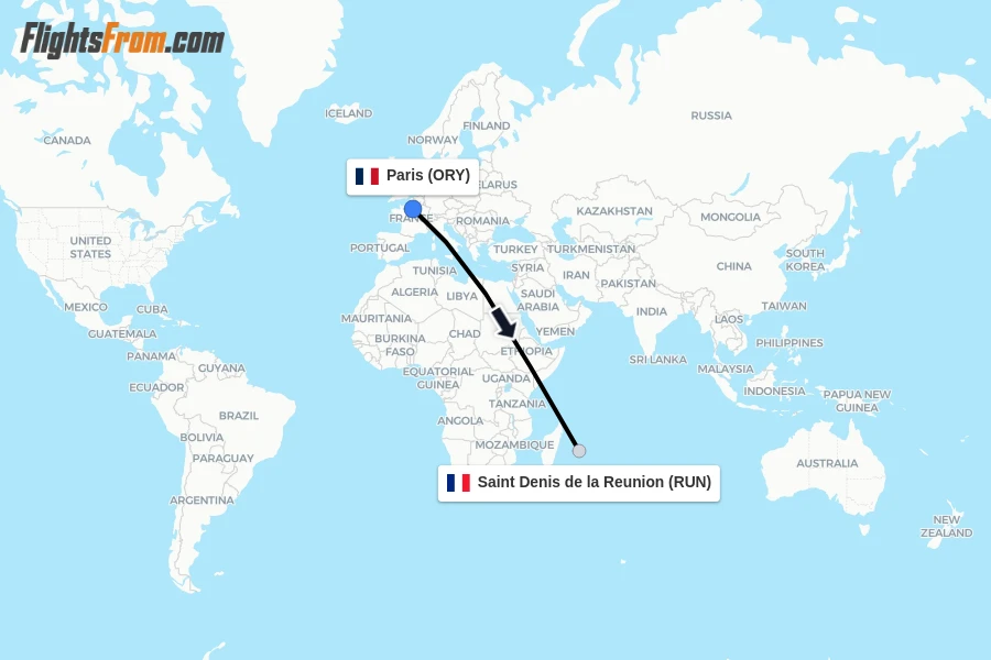 Flights from Paris to Saint Denis de la Reunion route map