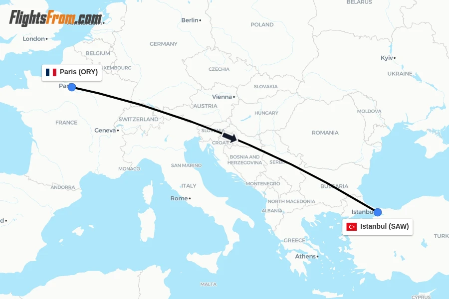 Flights from Paris to Istanbul route map