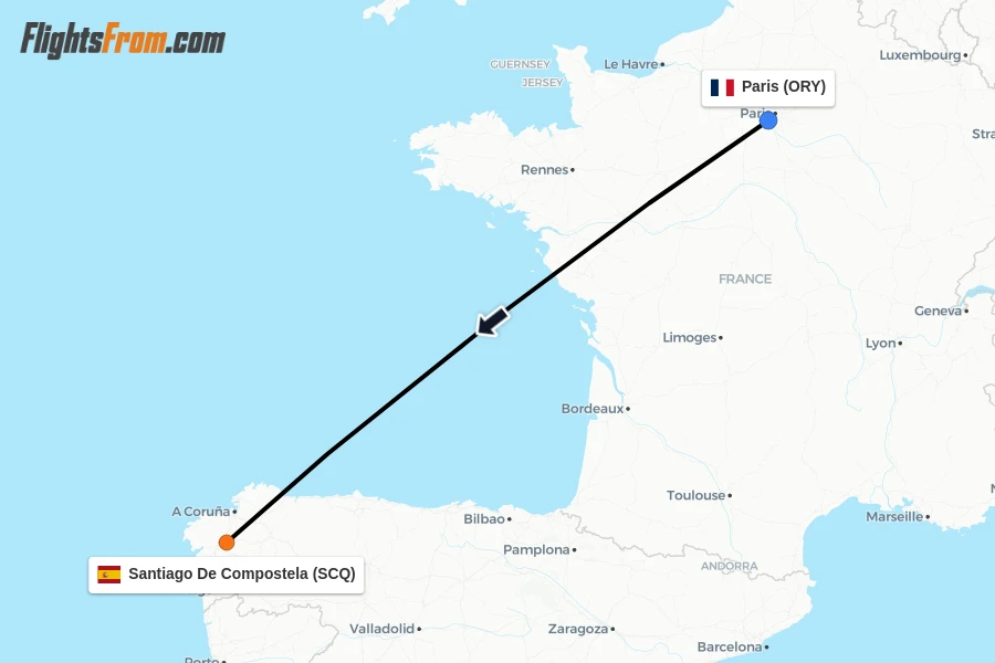Flights from Paris to Santiago De Compostela route map