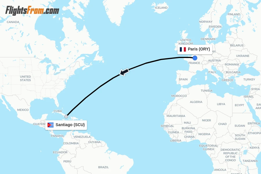 Flights from Paris to Santiago route map