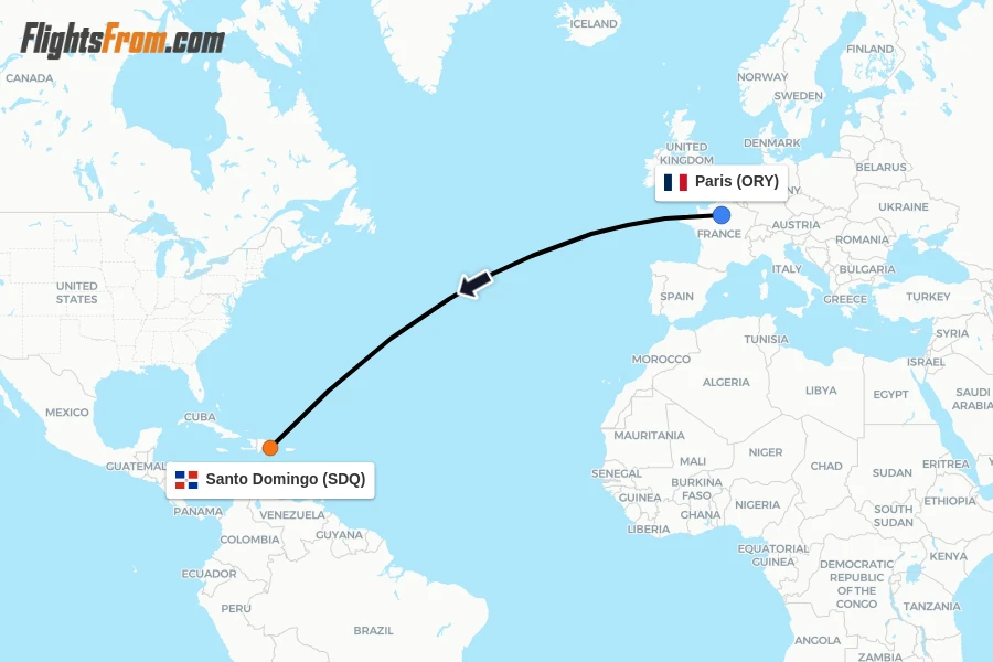 Flights from Paris to Santo Domingo route map