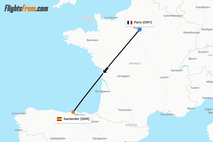 Flights from Paris to Santander route map