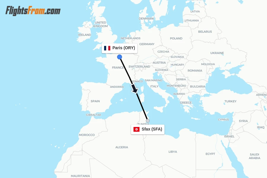 Flights from Paris to Sfax route map