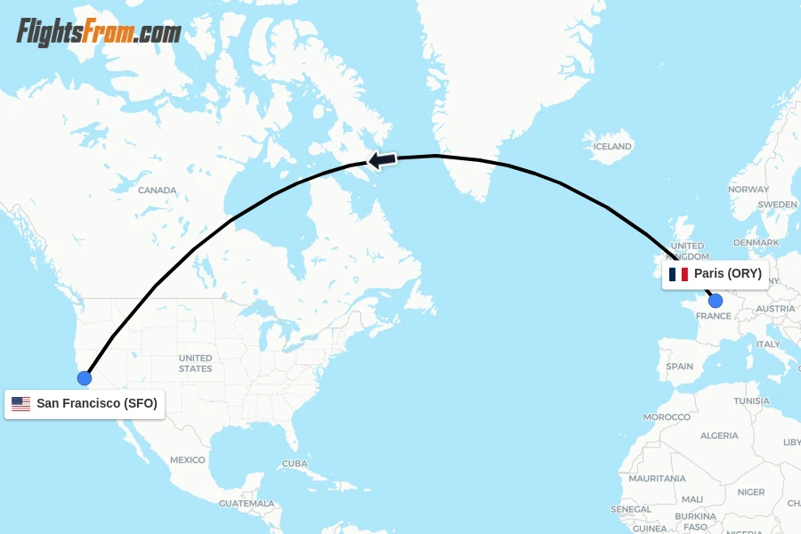 Flights from Paris to San Francisco route map