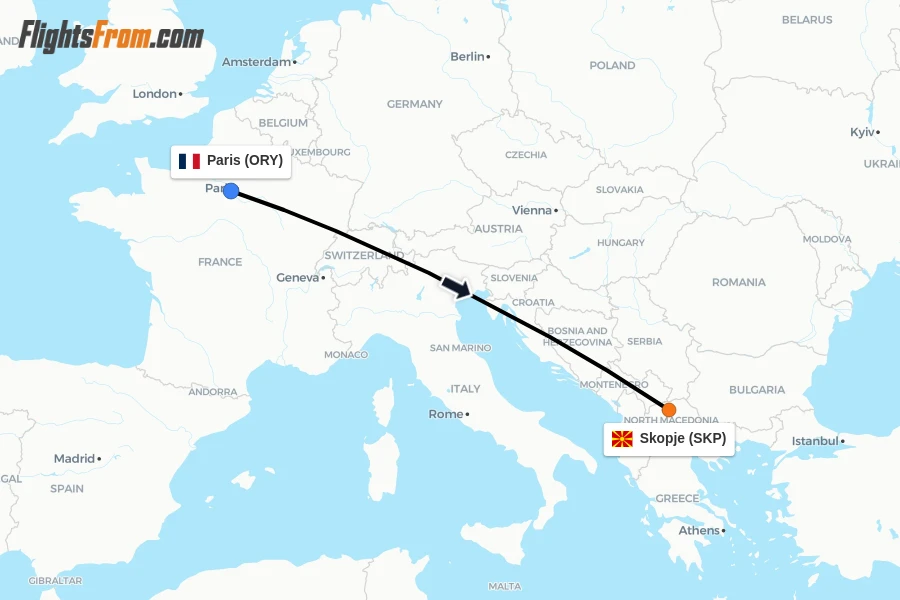Flights from Paris to Skopje route map