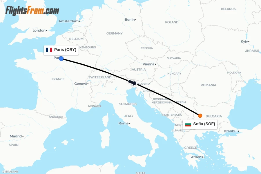 Flights from Paris to Sofia route map