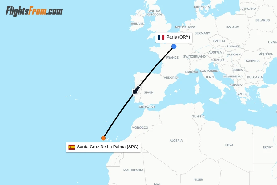 Flights from Paris to Santa Cruz De La Palma route map