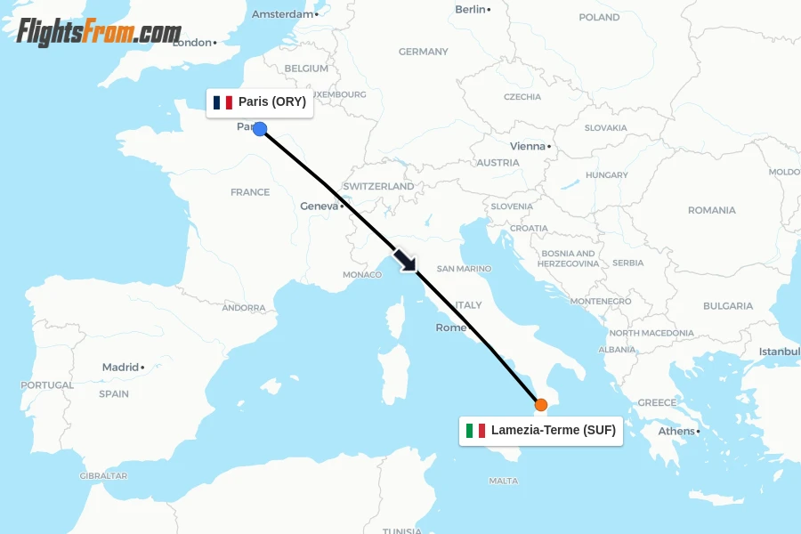 Flights from Paris to Lamezia-Terme route map