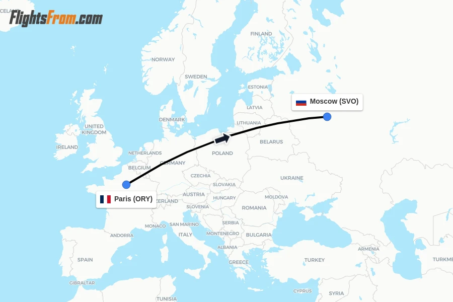 Flights from Paris to Moscow route map