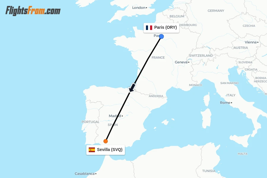Flights from Paris to Sevilla route map