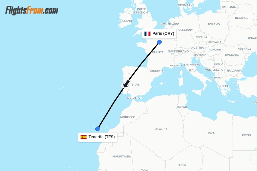 Flights from Paris to Tenerife route map