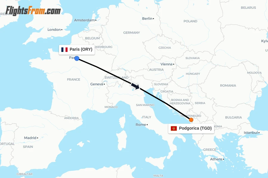 Flights from Paris to Podgorica route map