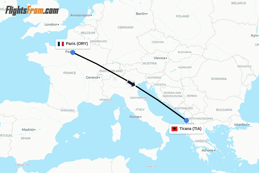 Flights from Paris to Tirana route map