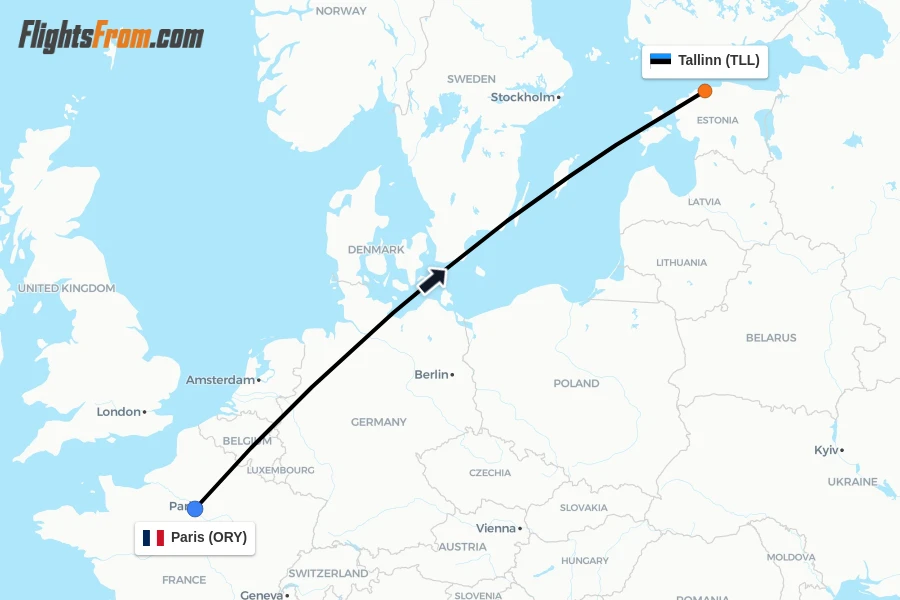 Flights from Paris to Tallinn route map