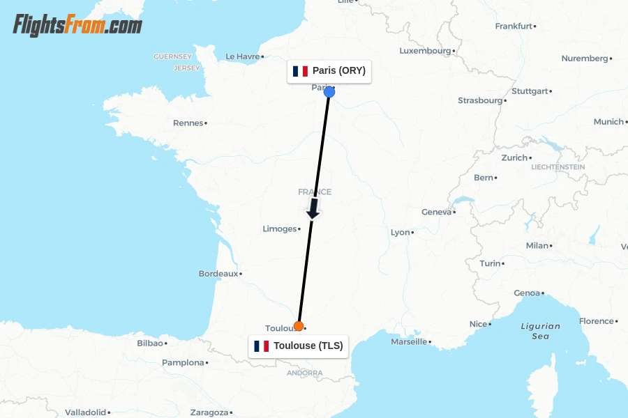 Flights from Paris to Toulouse route map