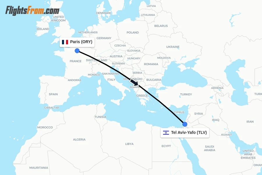 Flights from Paris to Tel Aviv-Yafo route map
