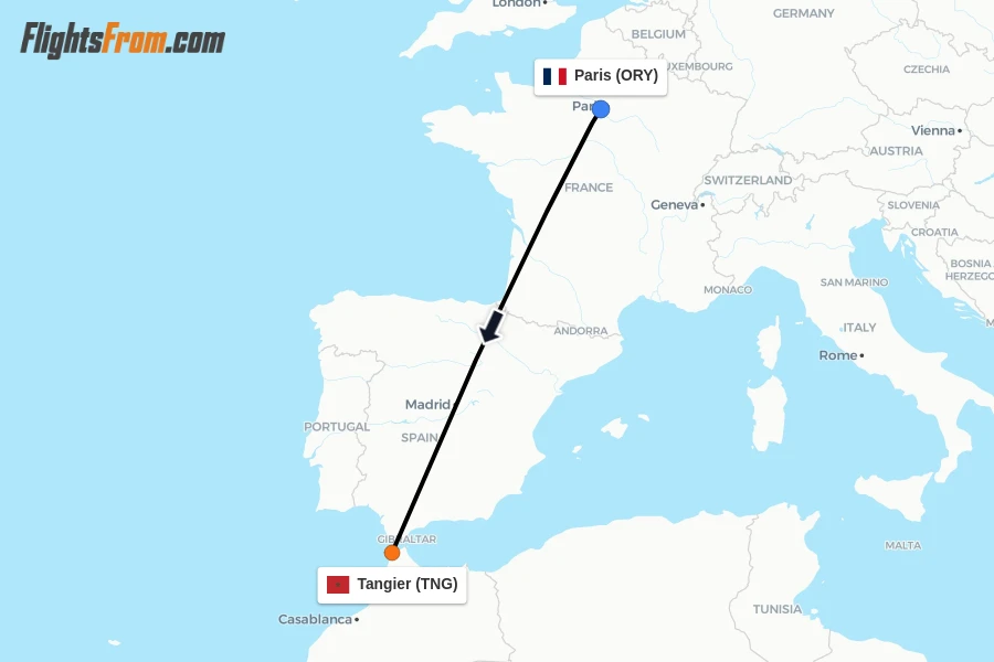 Flights from Paris to Tangier route map