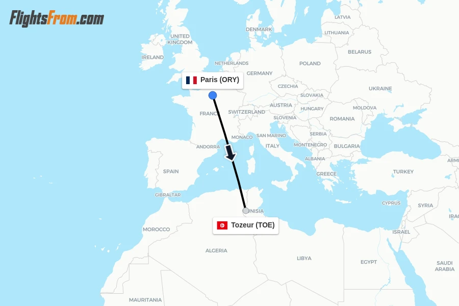 Flights from Paris to Tozeur route map