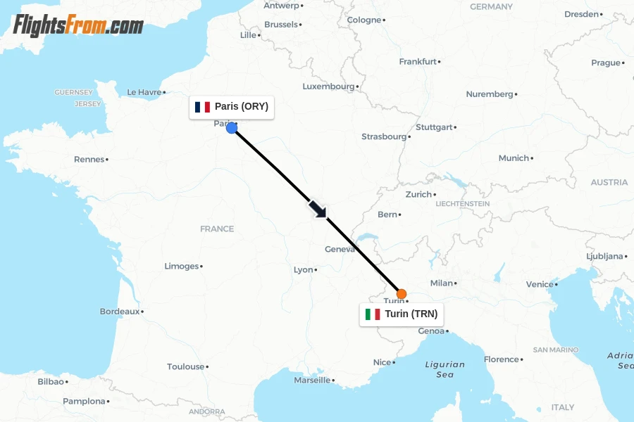Flights from Paris to Turin route map