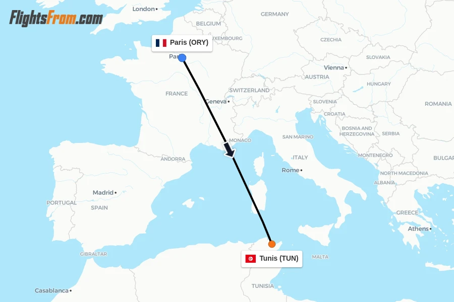 Flights from Paris to Tunis route map