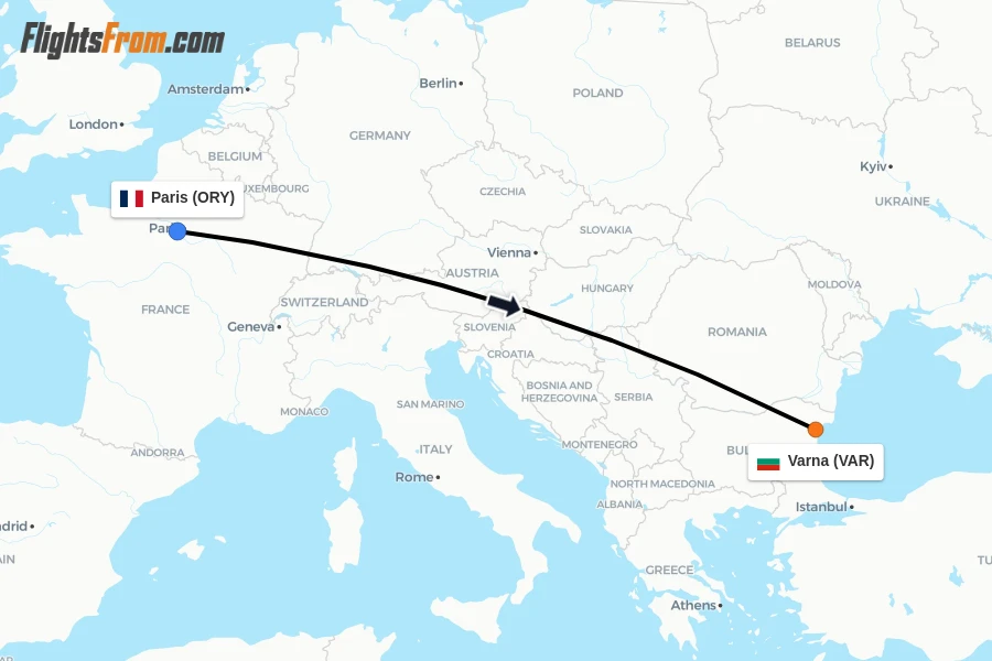 Flights from Paris to Varna route map