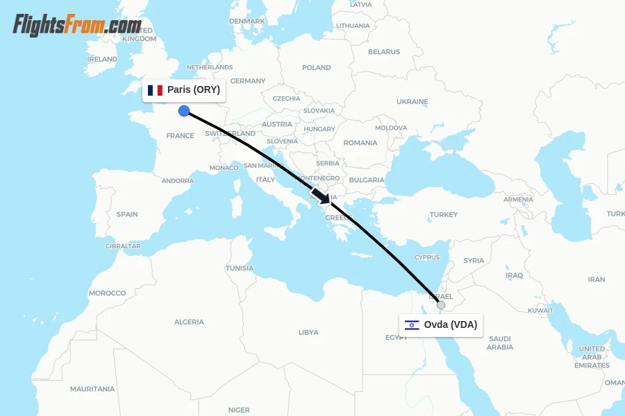 Flights from Paris to Ovda route map