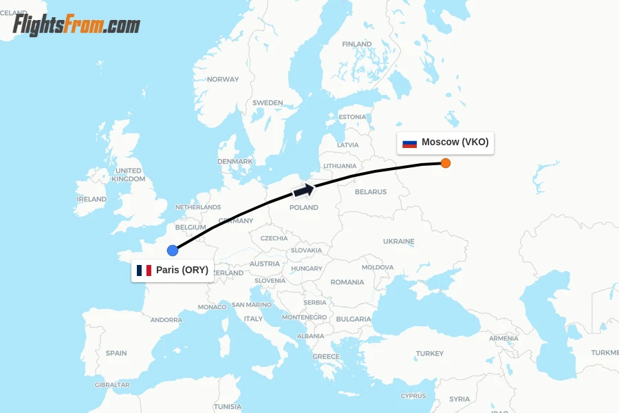 Flights from Paris to Moscow route map