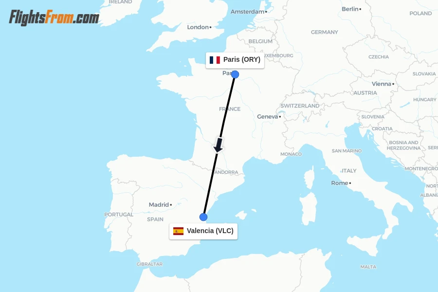 Flights from Paris to Valencia route map