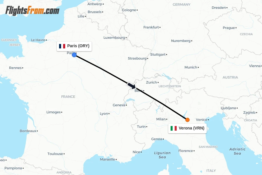 Flights from Paris to Verona route map