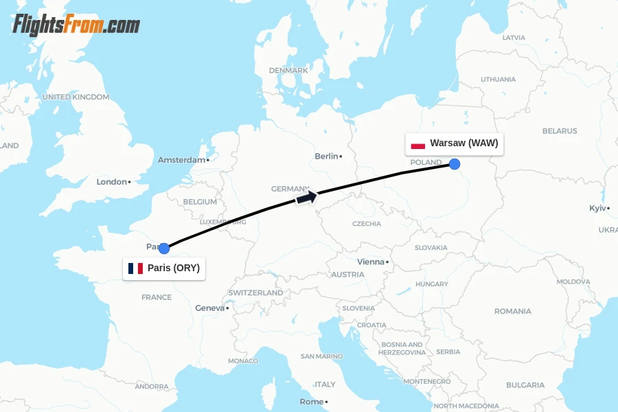 Flights from Paris to Warsaw route map