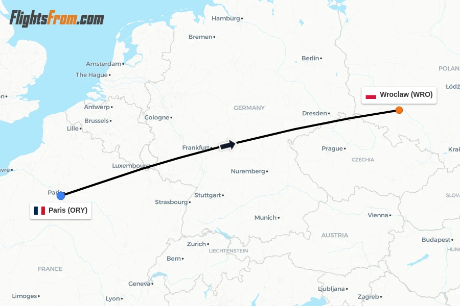 Flights from Paris to Wroclaw route map