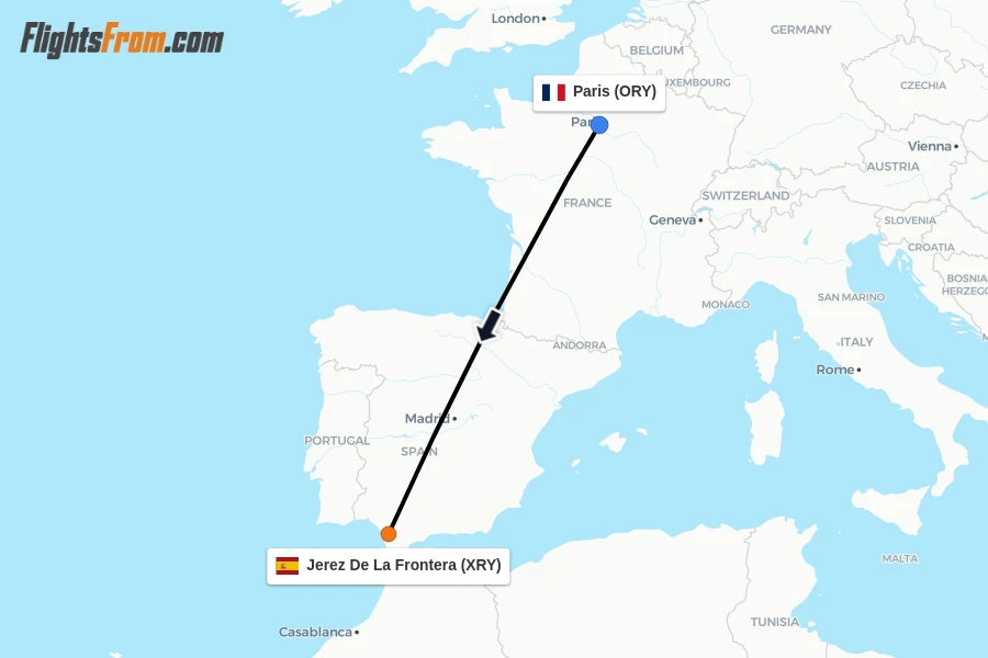 Flights from Paris to Jerez De La Frontera route map
