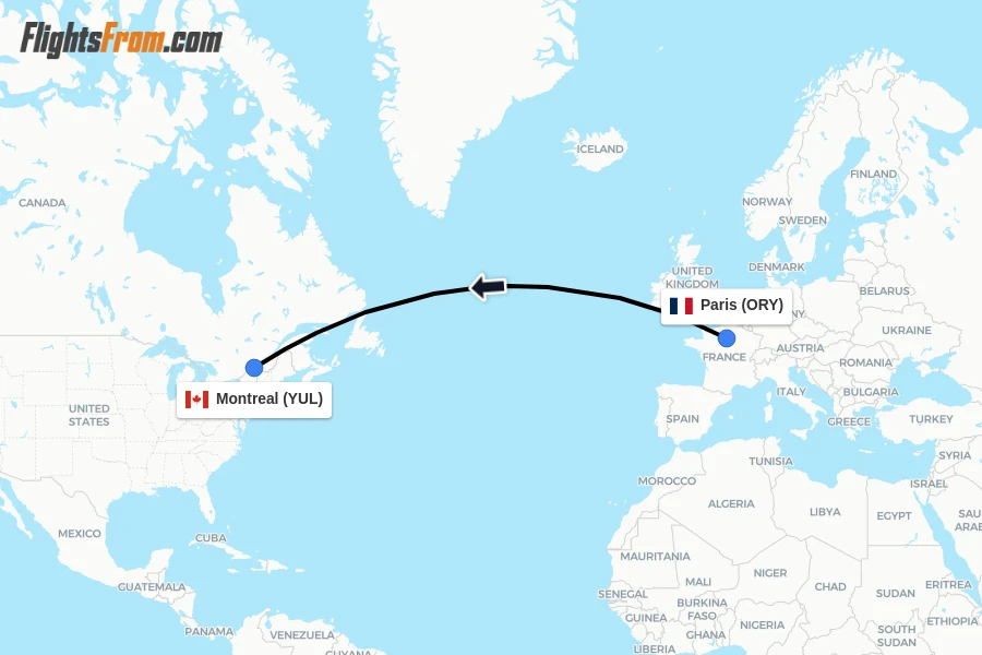 Flights from Paris to Montreal route map