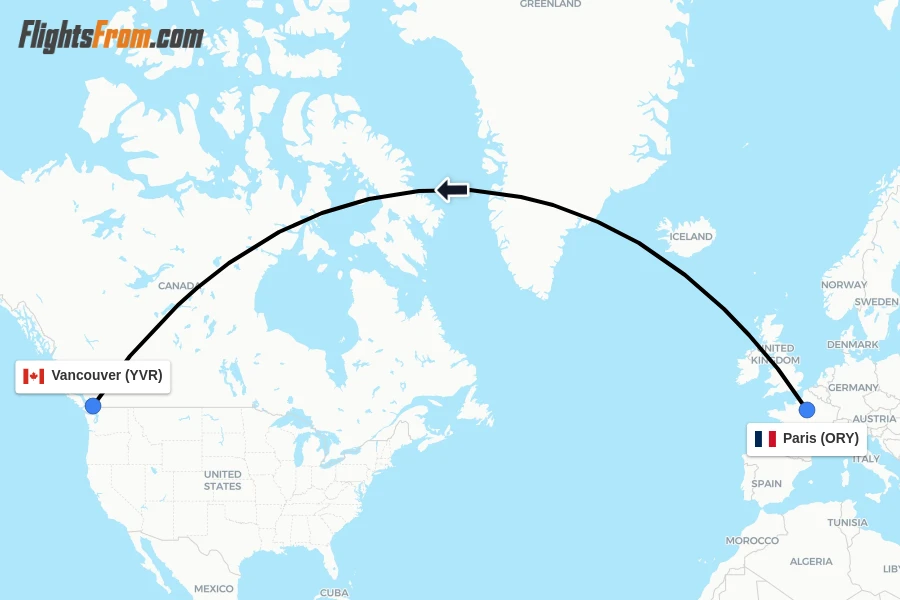 Flights from Paris to Vancouver route map