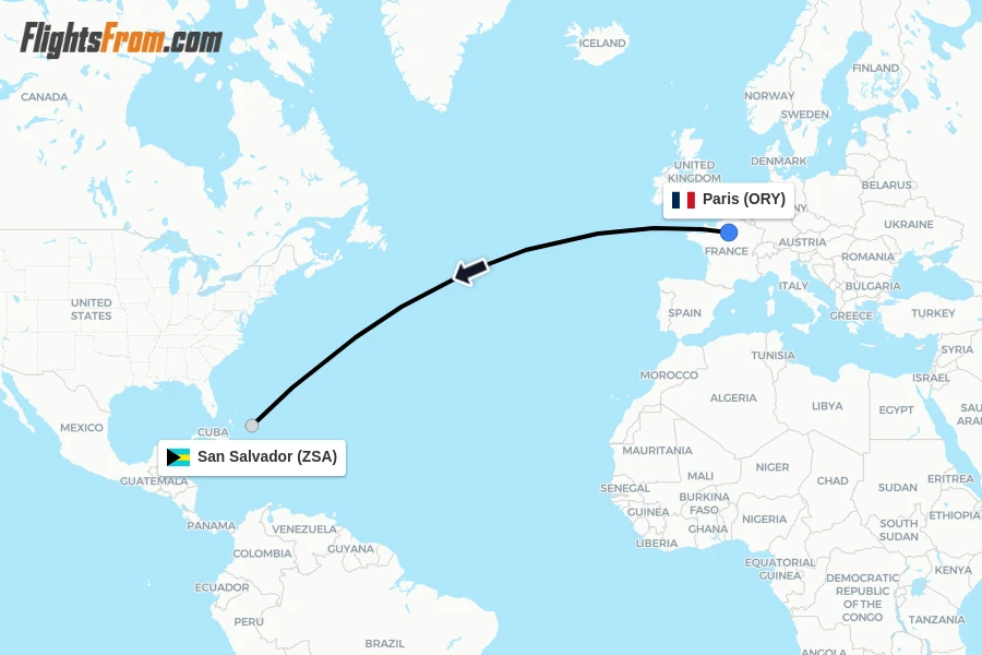 Flights from Paris to San Salvador route map