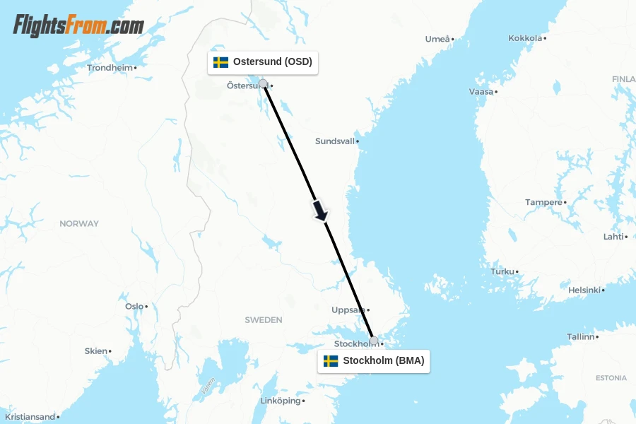 Flights from Ostersund to Stockholm route map