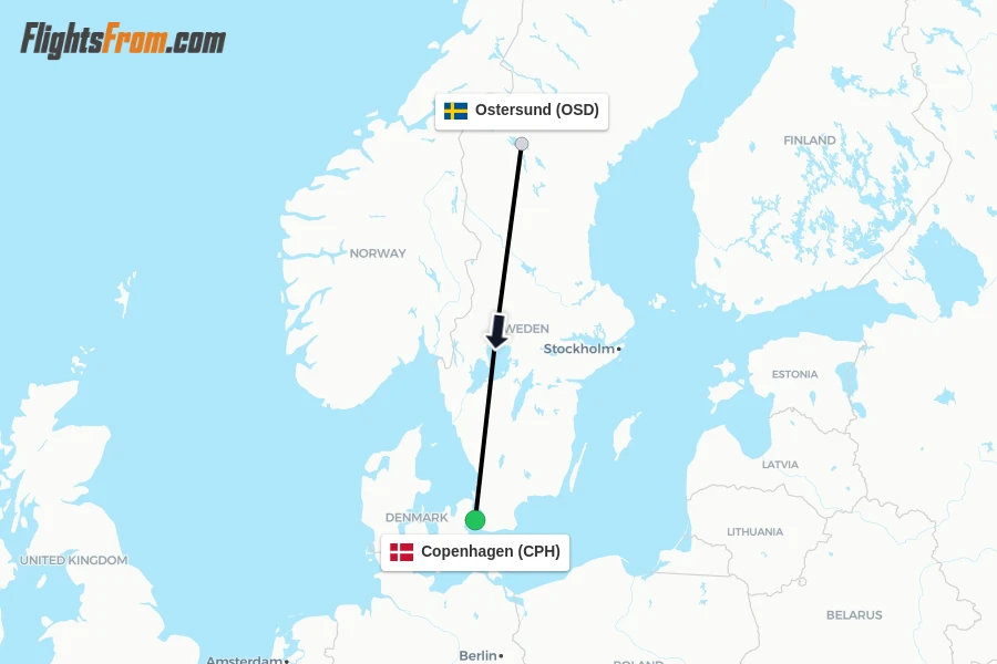 Flights from Ostersund to Copenhagen route map