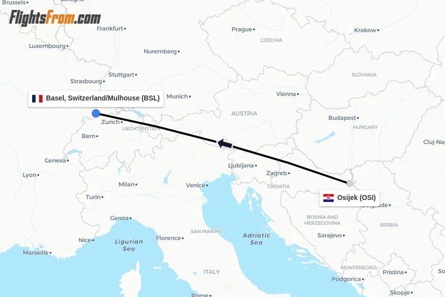 Flights from Osijek to Basel, Switzerland/Mulhouse route map