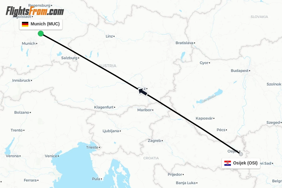 Flights from Osijek to Munich route map