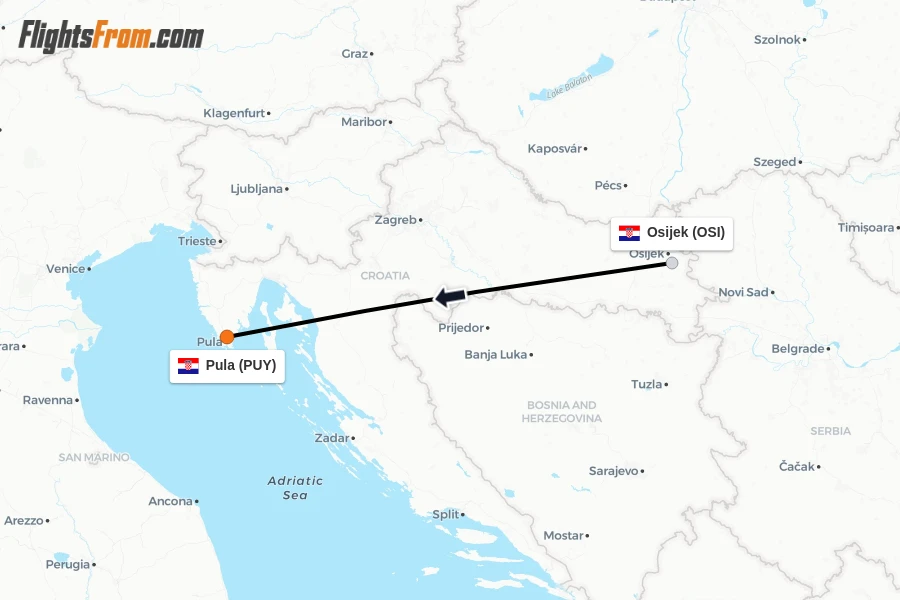 Flights from Osijek to Pula route map